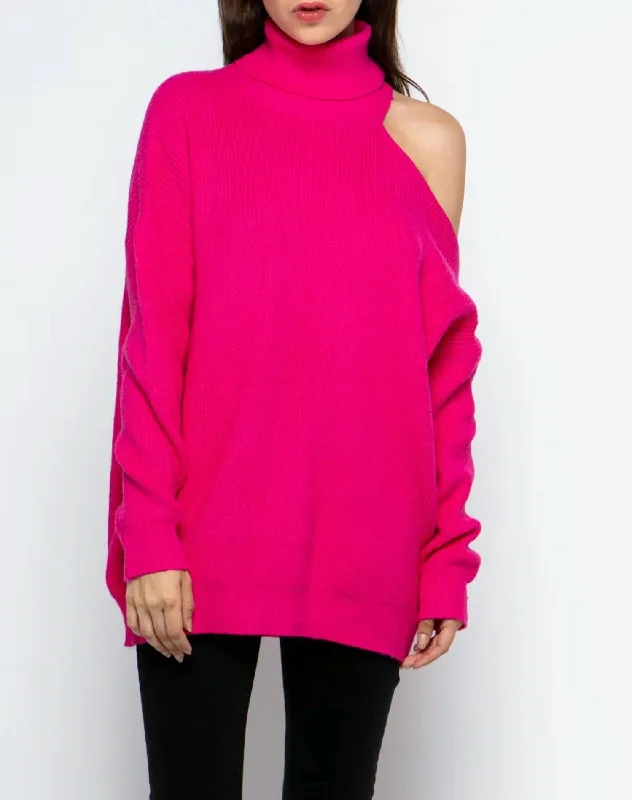 Shoulder-Baring Turtleneck Sweater In Hot Pink Ribbed Striped Patterned