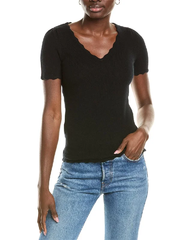 sofiacashmere Scallop V-Neck Cashmere Sweater Zippered Buttoned Snapped