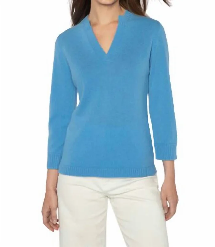 Splitneck Crew Sweater In Azul Chenille Fabric Brocade Fabric Lace Fabric