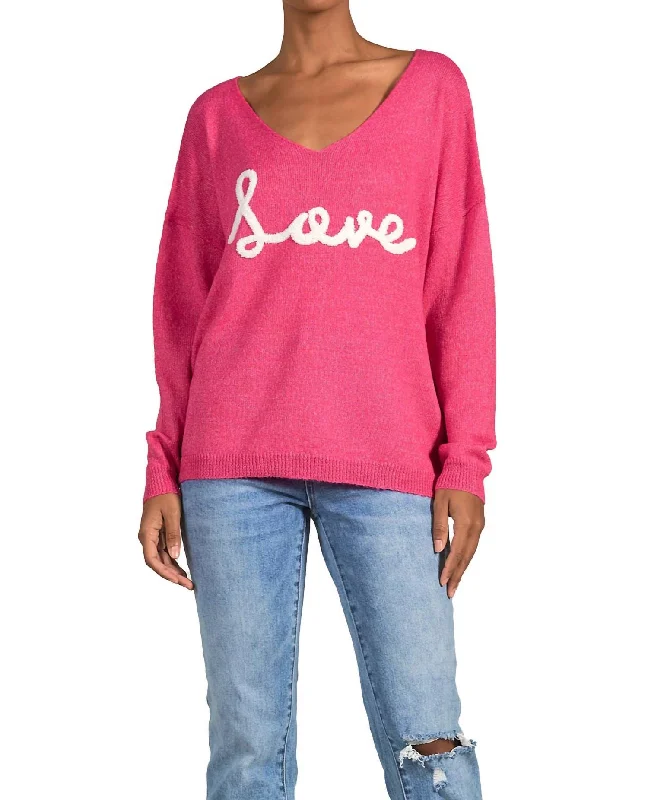 V-Neck "love" Sweater In Fuschia Soft Cozy Warm