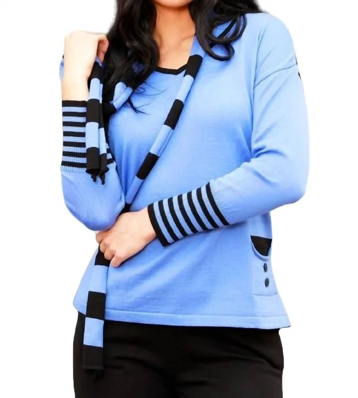 V-Neck Sweater With Scarf In Periwinkle/black Hooded Sweater Collared Sweater Shawl Collar