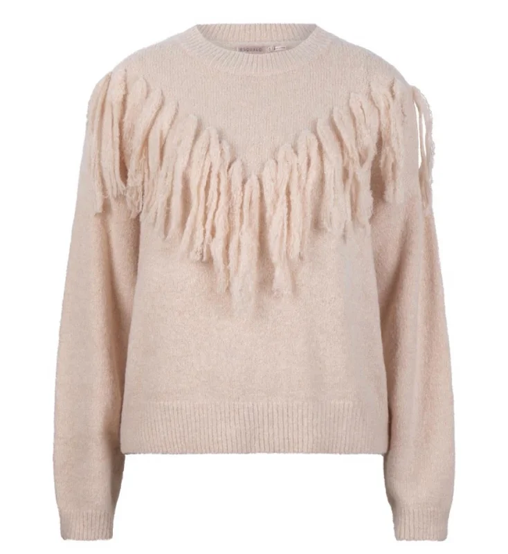Women's Fringes Sweater In Light Sand Handmade Hand-knitted Hand-woven