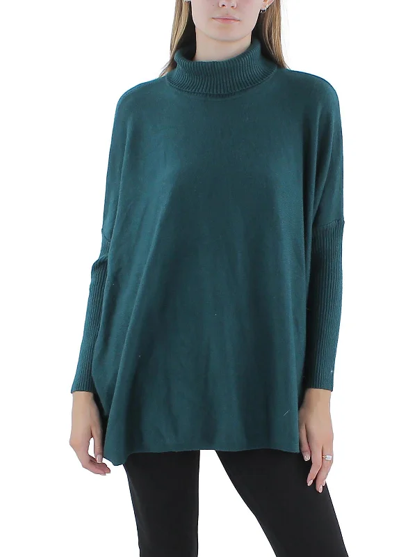 Womens Ribbed Tim Poncho Turtleneck Sweater Solid Print Embellished