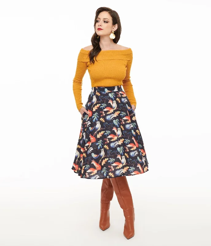 1950s Navy Fox Print Swing Skirt denim skirt fashionable