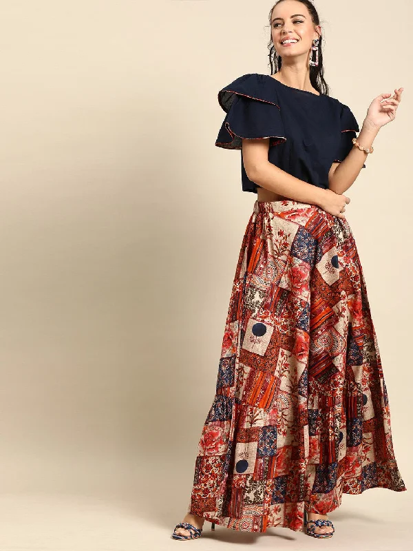 Women's Nayo Navy Blue Pure Cotton Boat Neck Top With Skirt Clothing Set - Nayo Clothing patchwork skirt art