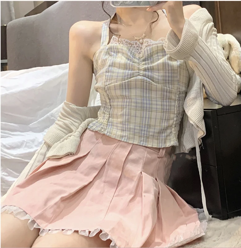 apricot camisole+ pleated skirt+ knitted jacket  PL52221 patchwork skirt art