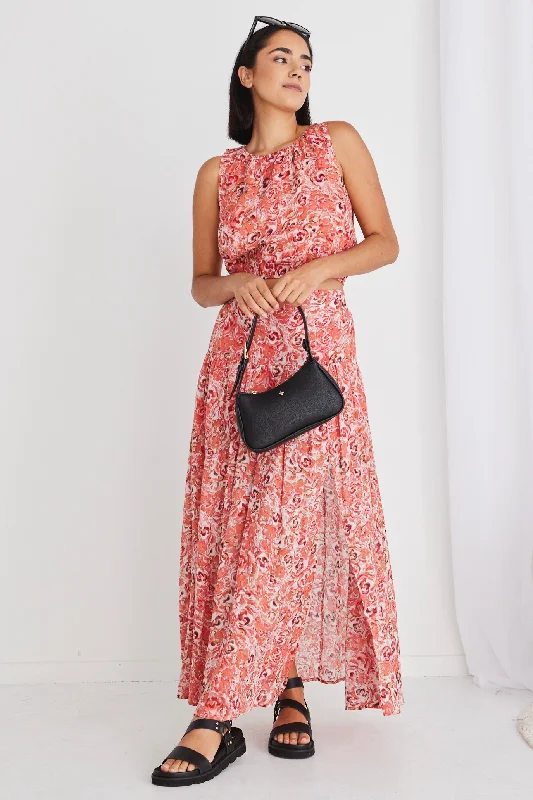 Aquarius Cinnamon Floral Tiered Split Front Maxi Skirt linen skirt natural