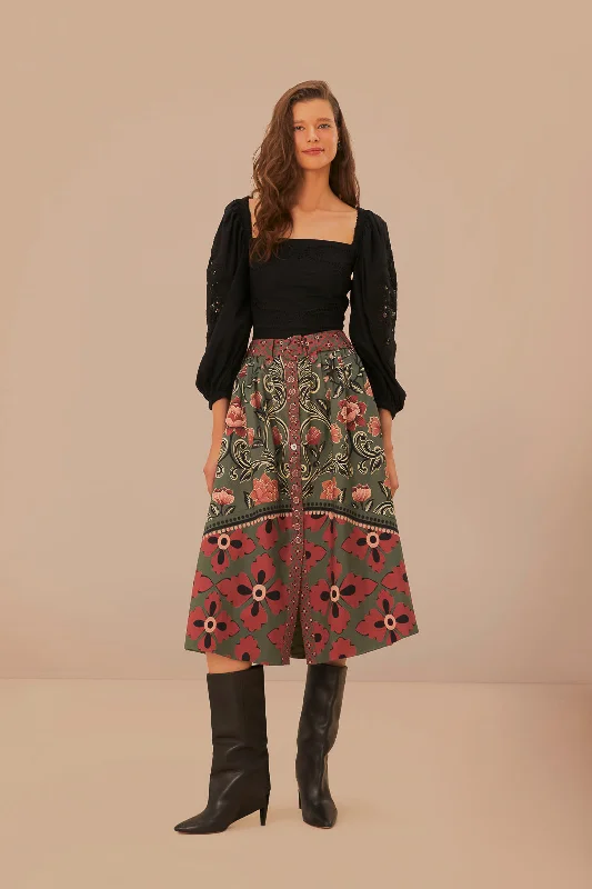 Arabesque Floral Green Buttons Midi Skirt high waist skirt