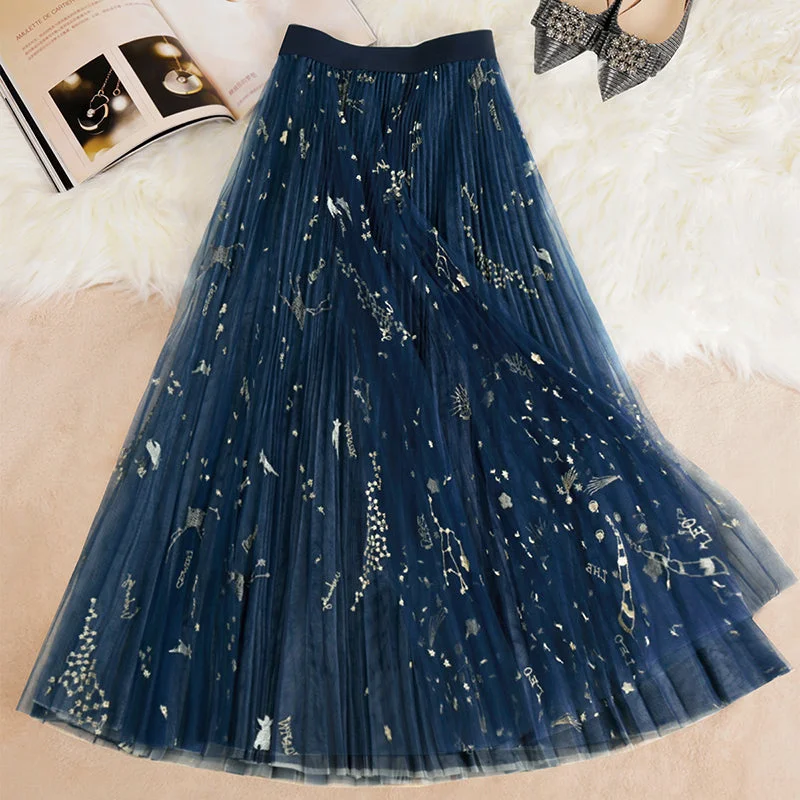 Beautiful Blue Print tulle Pleated  Skirts Summer velvet skirt rich
