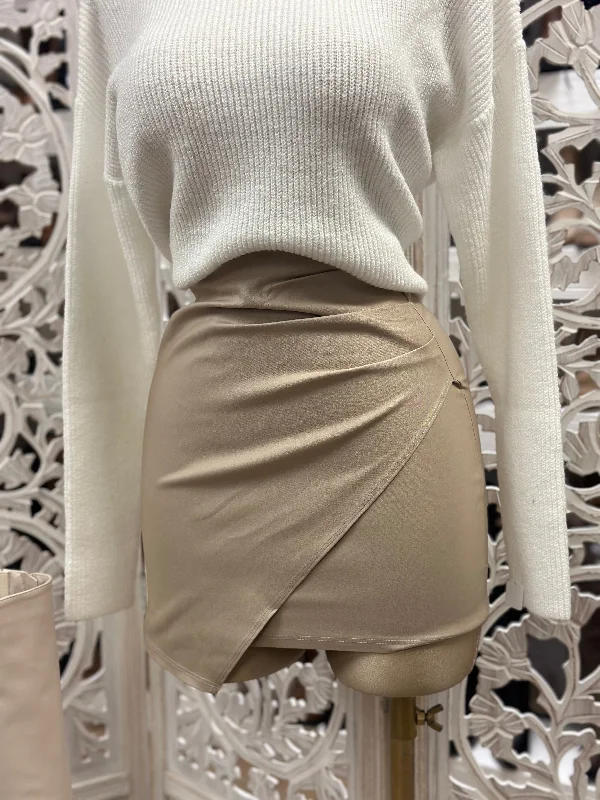 Beige Wrapped Faux Leather Skirt leather skirt sleek