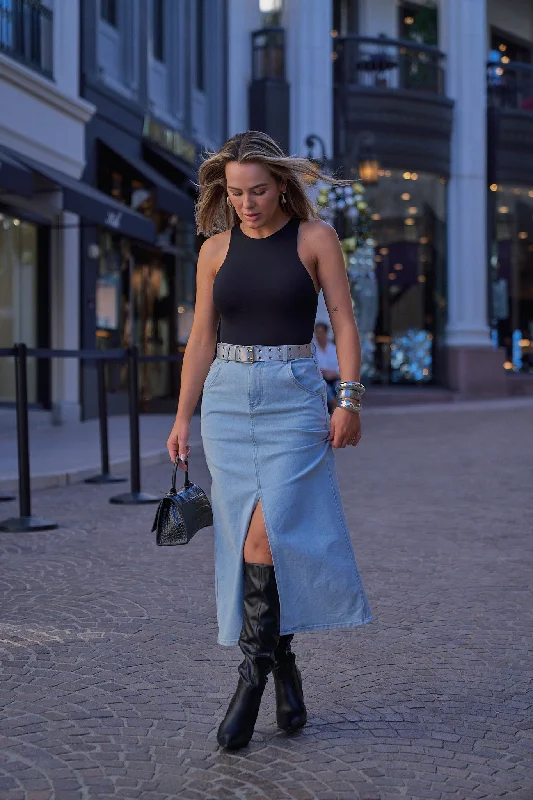 Belted Midi Denim Skirt cashmere skirt plush