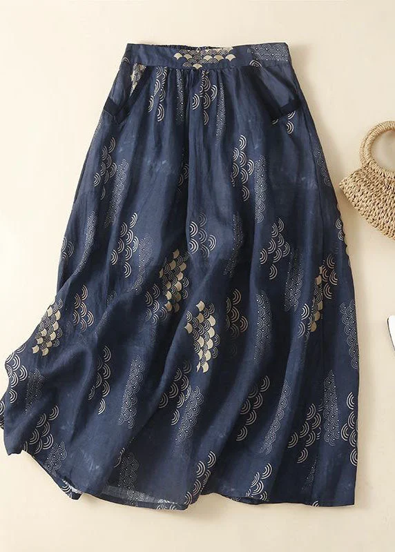 Bohemian Navy Wrinkled Pockets Patchwork Linen Skirts Summer velvet skirt glossy