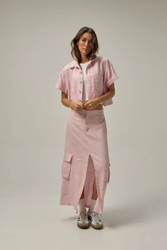 Canvas Linen Skirt | Millennial Pink ruffled skirt detail