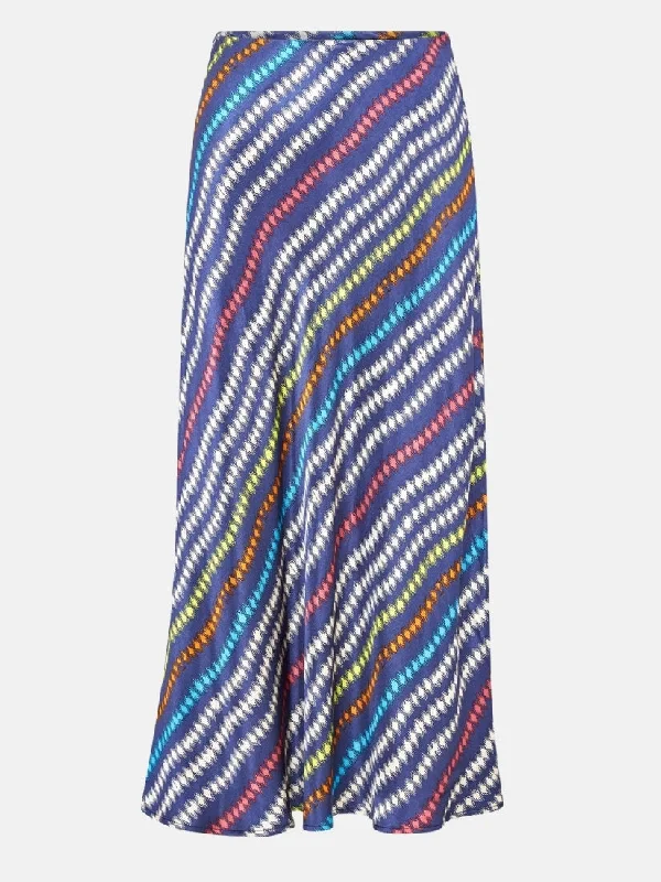 Celeste Bias Cut Blue Printed Satin Skirt velvet skirt sumptuous