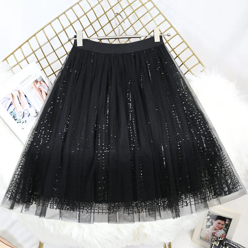 Diy Black Sequins Hollow Out tulle Pleated Skirt Summer linen skirt relaxed