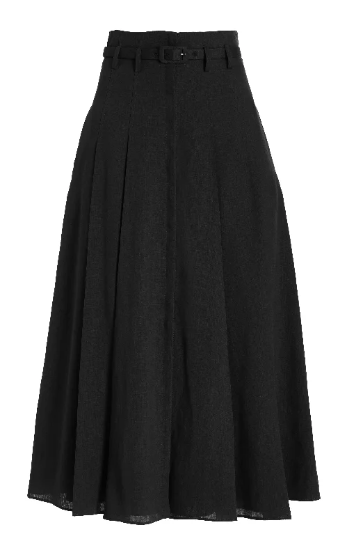Dugald Pleated Midi Skirt in Black Aloe Linen casual skirt length