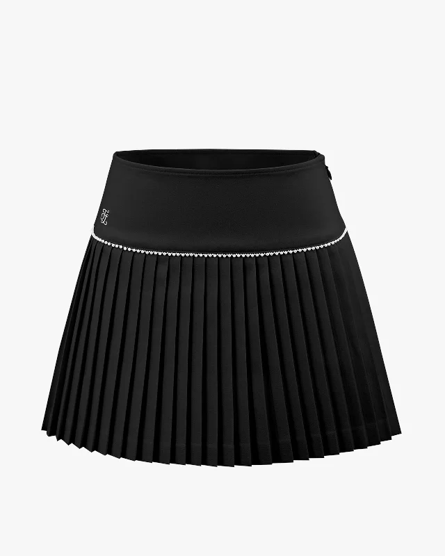 Fair Liar Signature Pearl Flare Pleated Skirt - Black silk skirt lustrous