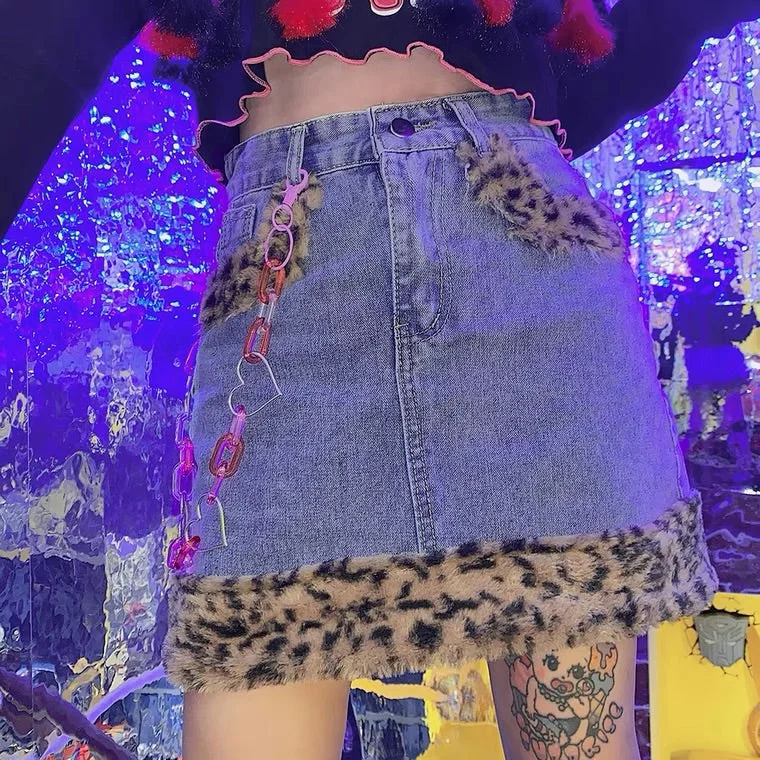 FASHION VINTAGE Y2K LEOPARD DENIM SKIRT BY97666 denim skirt fashionable