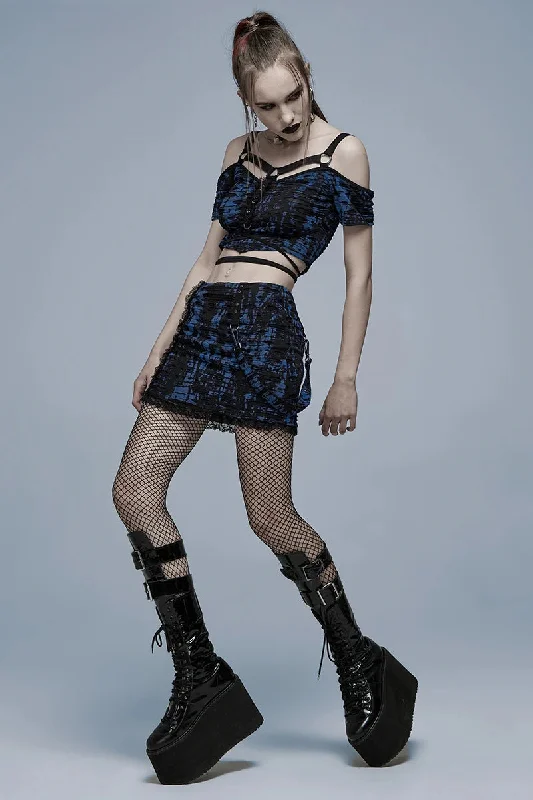 Women's Gothic Decadent Knitted Texture Broken Holes Fashion Sexy Mini Black-blue Skirt modal blend skirt