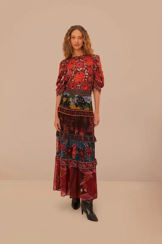 Floral Mix Ruffle Maxi Skirt leather skirt modern