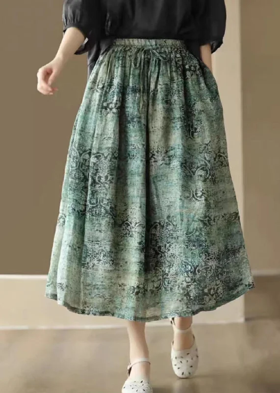 Green Print Pockets Patchwork Linen Skirts Wrinkled Summer slim fit skirt