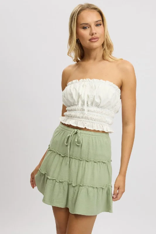 Green Skater Skirt High Rise Tiered Mini ribbed skirt waist
