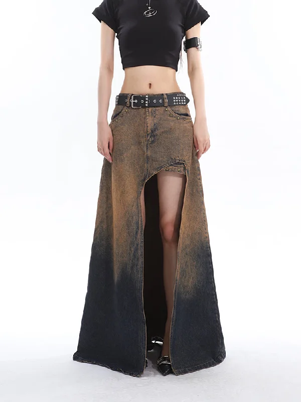 Lienna Denim Gradient Low Waist Asymmetrical Cut-Out Side Slit Long Jeans Skirt linen skirt natural