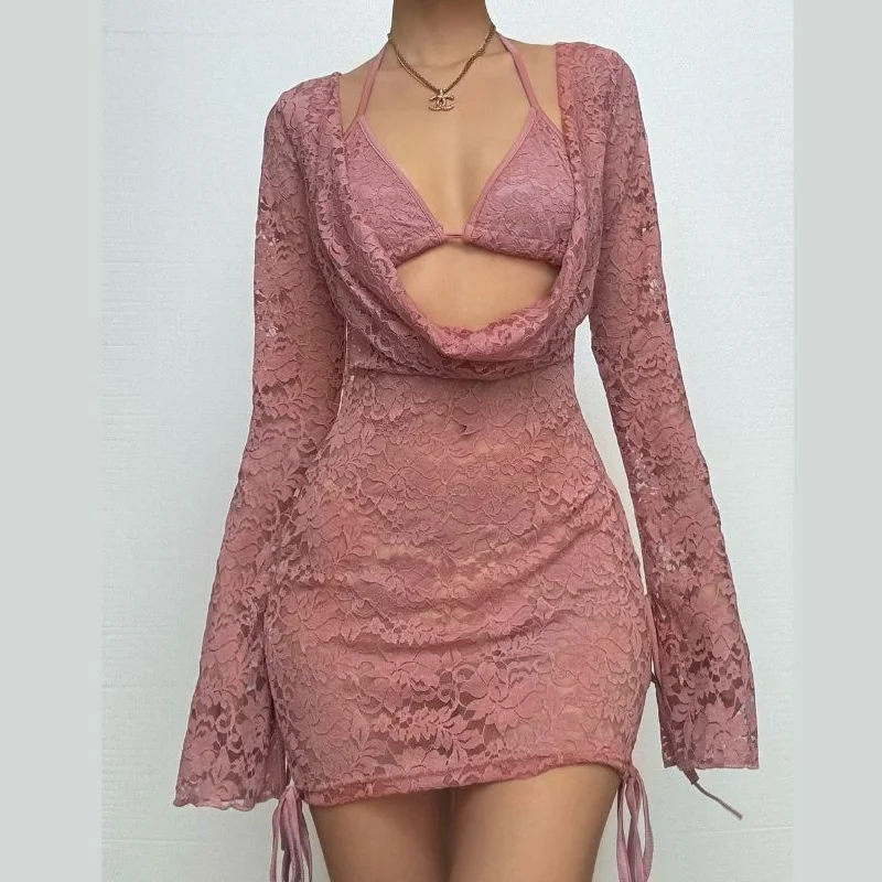 Long sleeve lace hollow out self tie 2 piece mini skirt set pencil skirt chic