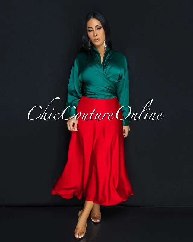 Mallea Red Textured Silky Skirt silk skirt elegant