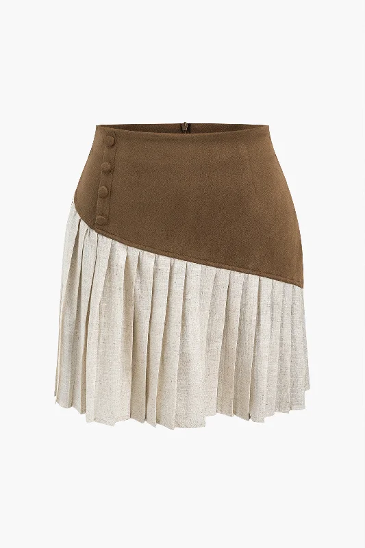 Linen Button Patchwork Pleated Skirt velvet skirt luxurious
