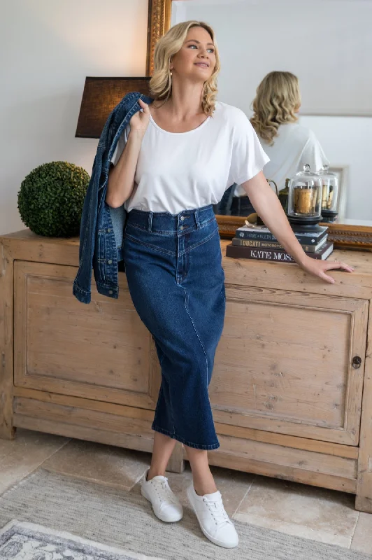 Midi Denim Skirt - Dark Denim wool skirt warm