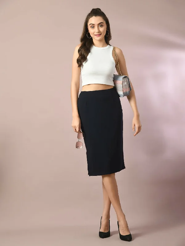 Myshka Women's Blue Solid Knee Length Party Embellished Skirts cashmere skirt rich