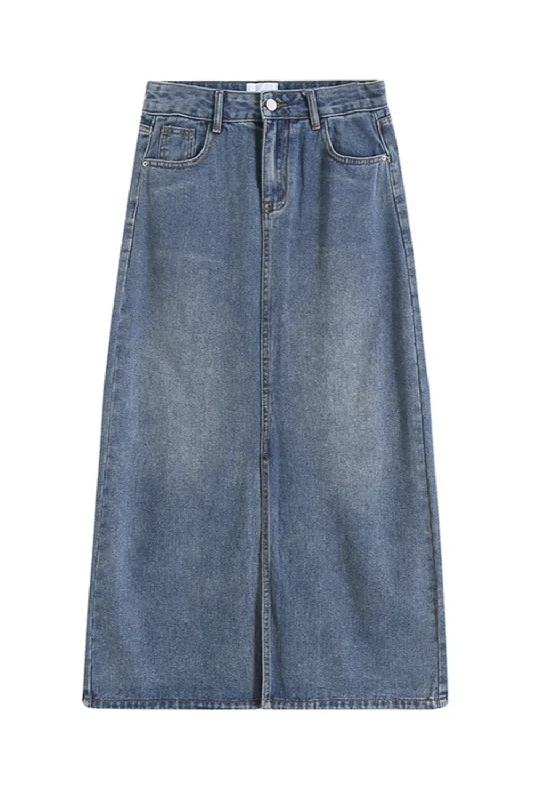 'Pamela' High-Waist Slit Denim Skirt corduroy skirt cozy