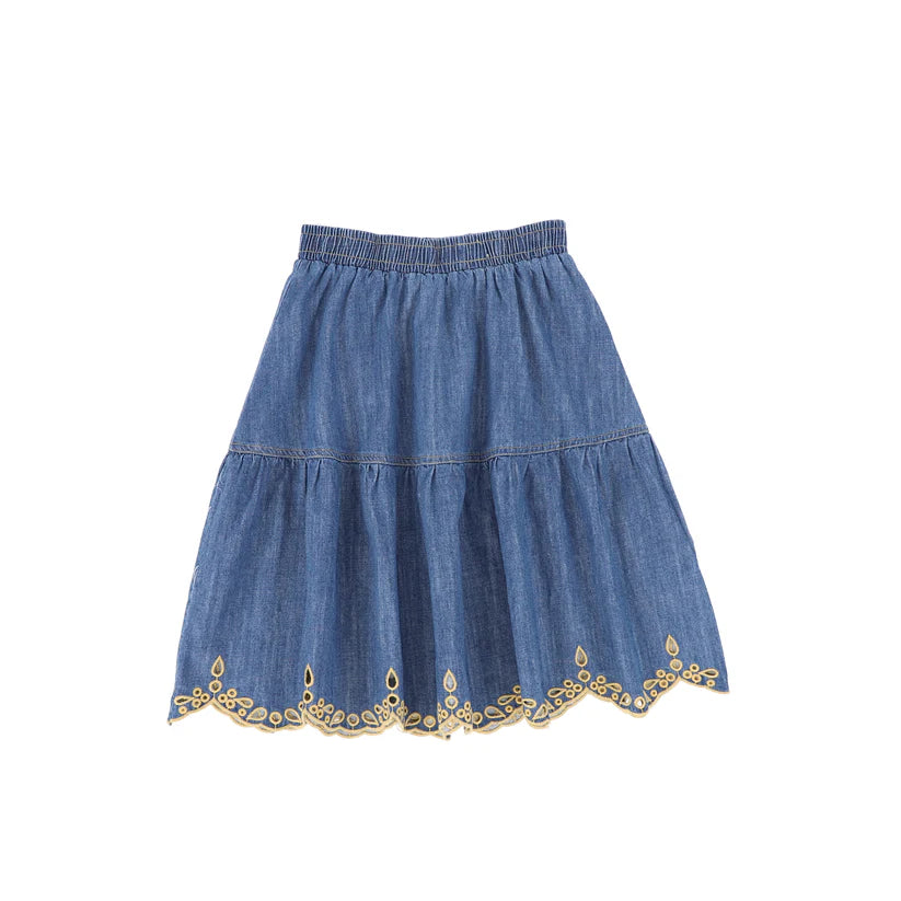 Phil and Phoebe Embroidered Eyelet Denim Skirt a-line skirt cut