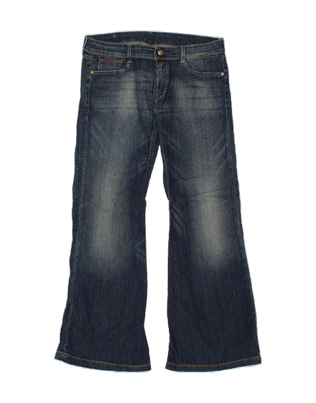 REPLAY Womens Flared Jeans W33 L32 Navy Blue Cotton Trendy Pleated Waist Jeans