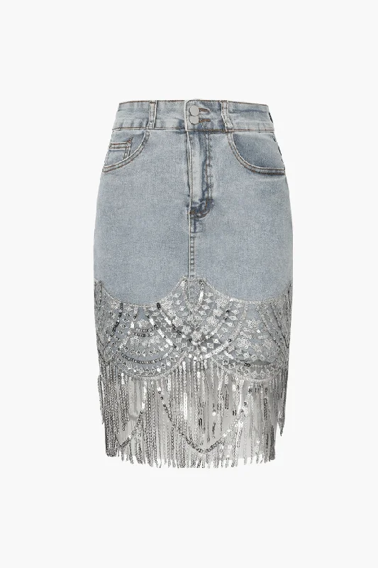 Sequin Fringe Hem Denim Skirt chiffon skirt airy