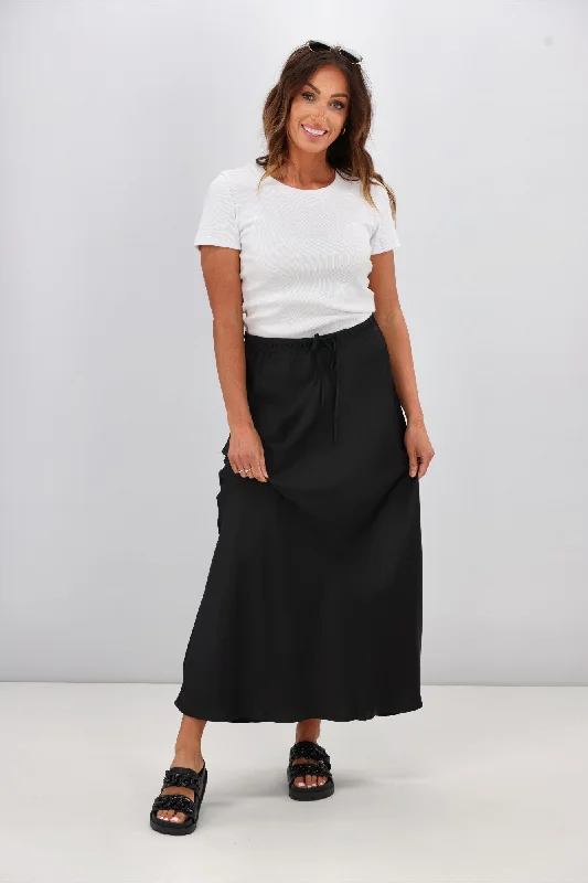 Shine On Label Hazel Satin Midi Skirt Black leather skirt durable