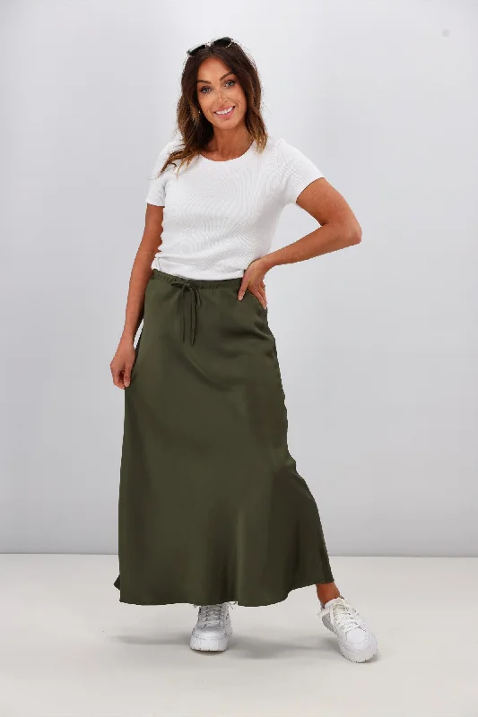 Shine On Label Hazel Satin Midi Skirt Olive pencil skirt chic