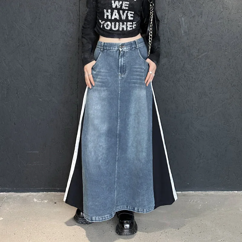 Spliced Denim Loose A-line Skirt leather skirt modern