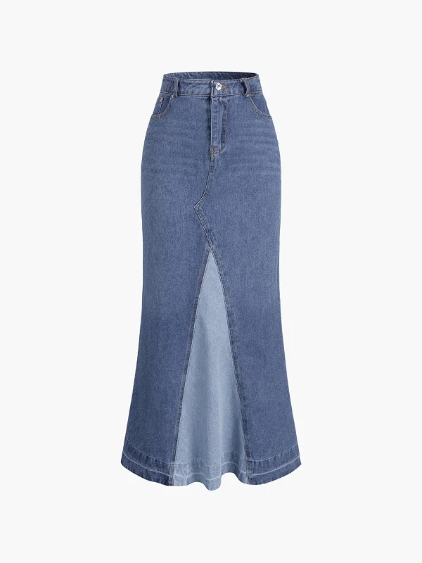 BerryBetty - Street Patchwork Denim Maxi Skirt high waist skirt