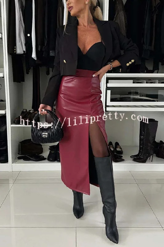 Excellent Partner Faux Leather High Rise Front Slit Stretch Midi Skirt ruffled skirt detail