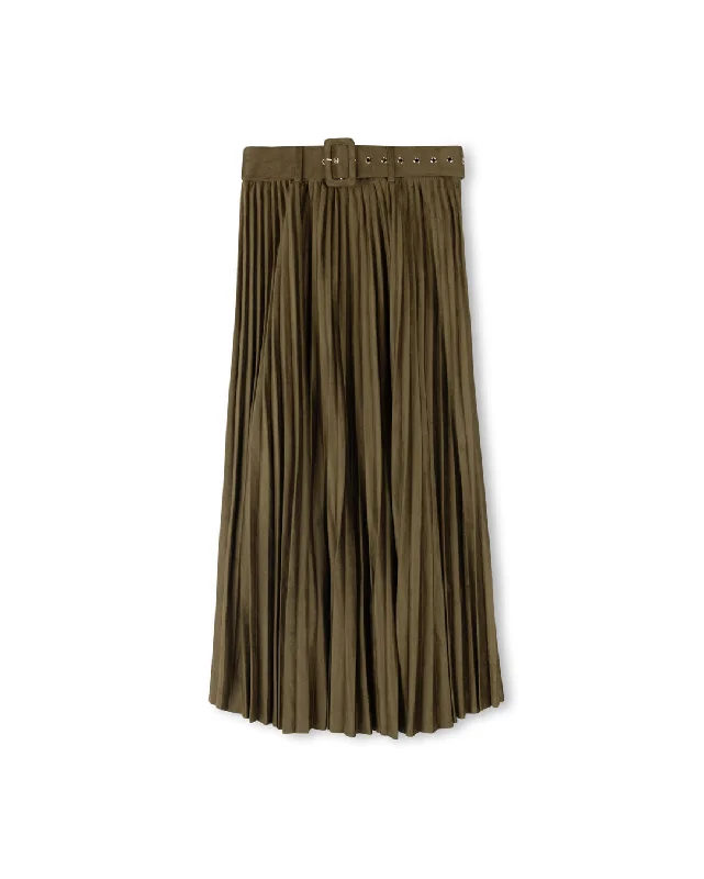 Suede Pleated Maxi Skirt With Belt spandex blend skirt