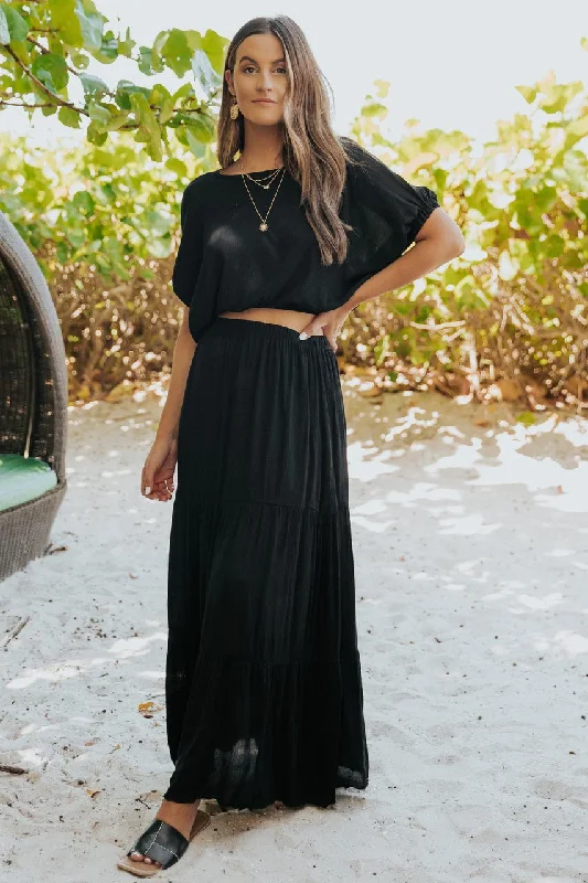 Sunrise Short Sleeve Top & Maxi Skirt Black Set silk skirt lustrous