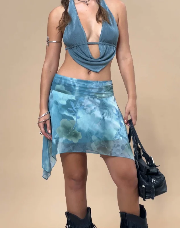 Tyler Mini Skirt in Watercolour Floral Blue linen skirt light
