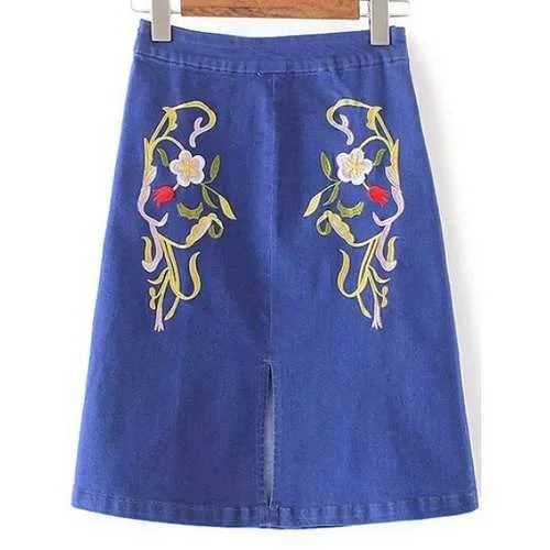 Fashion Floral Embroidery Slit Denim Skirt For Women - Denim Blue S silk skirt elegant