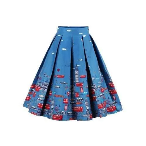 High Waisted Printed Pleated Skirt - Blue S silk skirt sleek