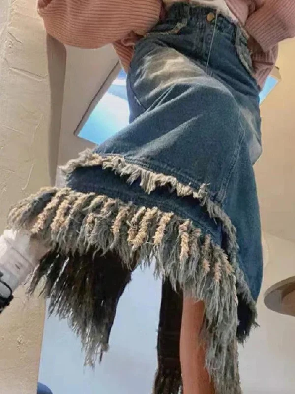 Vintage Denim Tassel Hem Split Maxi Skirt denim skirt durable