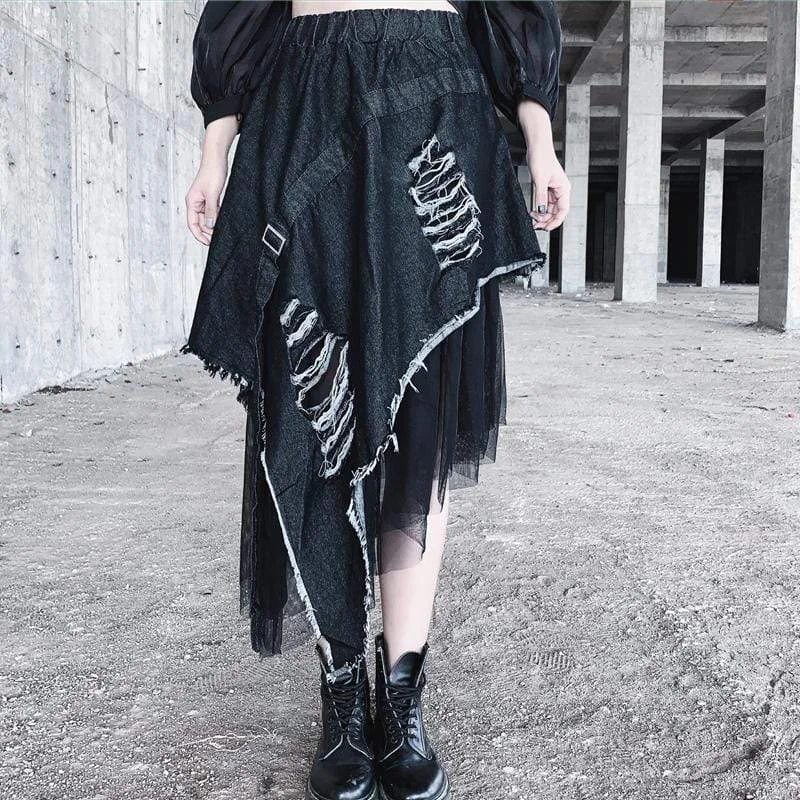 Women's Grunge Double-Layered Ripped Selvedge Skirts denim skirt trendy