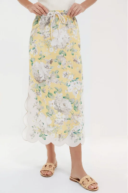 Yellow Floral Acacia Scallop Midi Skirt denim skirt classic