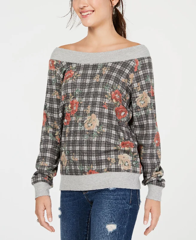 Juniors' Printed Off-The-Shoulder Sweatshirt Hoodie with Slit Hem Functional Movement Juniors' Printed Off-The-Shoulder Sweatshirt Hoodie with Slit Hem Functional Movement